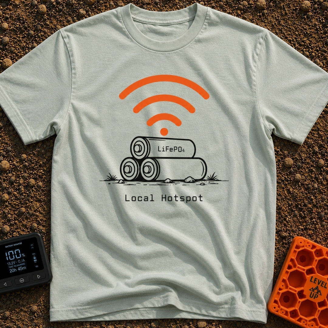 Local Lithium Hotspot - T-Shirt in Bay - A line drawing of three cylindrical batteries stacked in a pyramid on the...