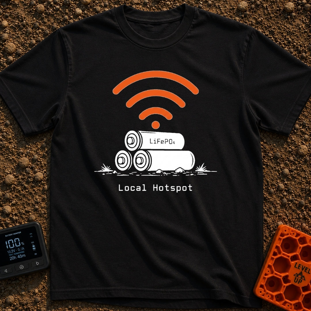 Local Lithium Hotspot - T-Shirt in Black - A line drawing of three cylindrical batteries stacked in a pyramid on the...