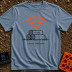 Local Lithium Hotspot - T-Shirt in Blue Jean - A line drawing of three cylindrical batteries stacked in a pyramid on the...