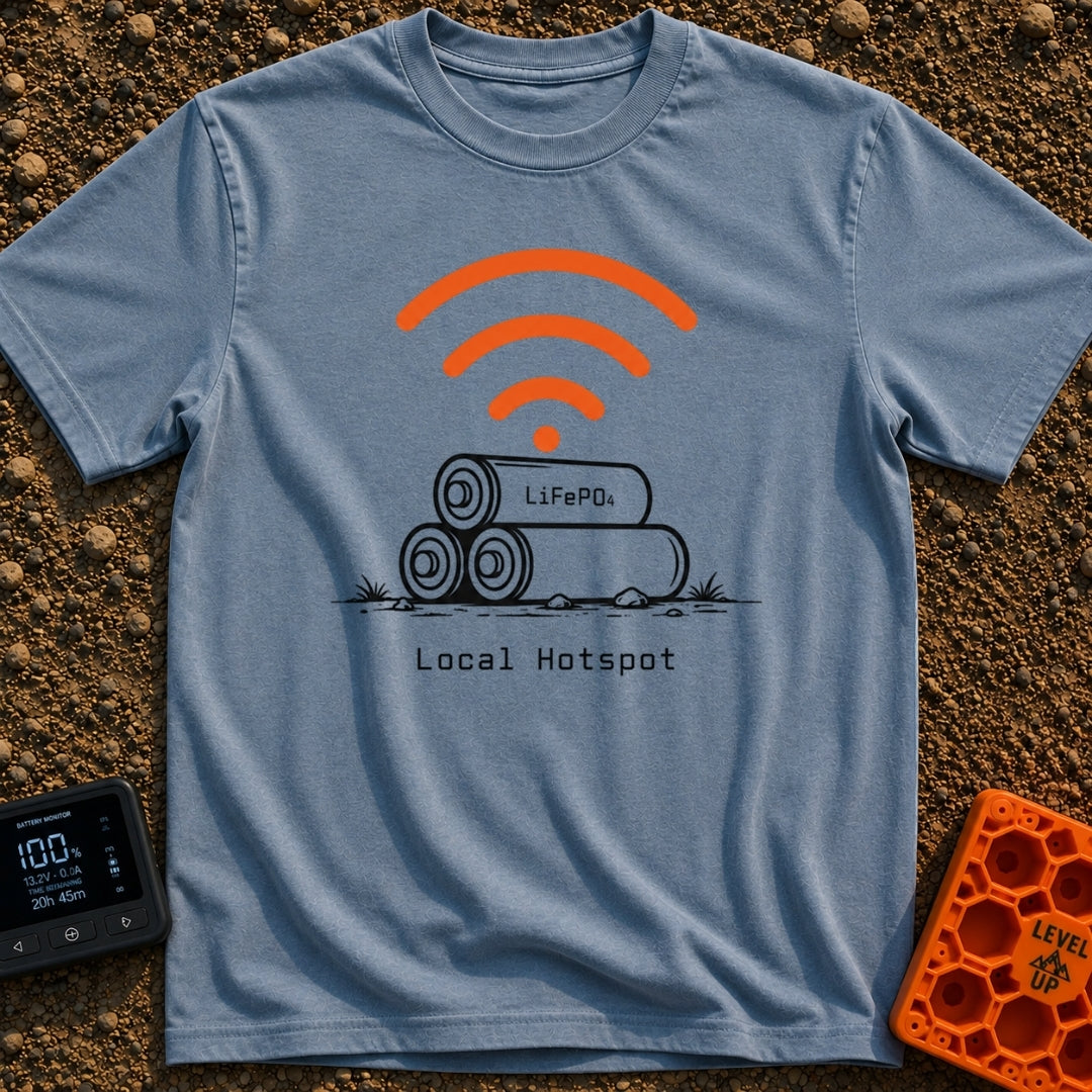 Local Lithium Hotspot - T-Shirt in Blue Jean - A line drawing of three cylindrical batteries stacked in a pyramid on the...