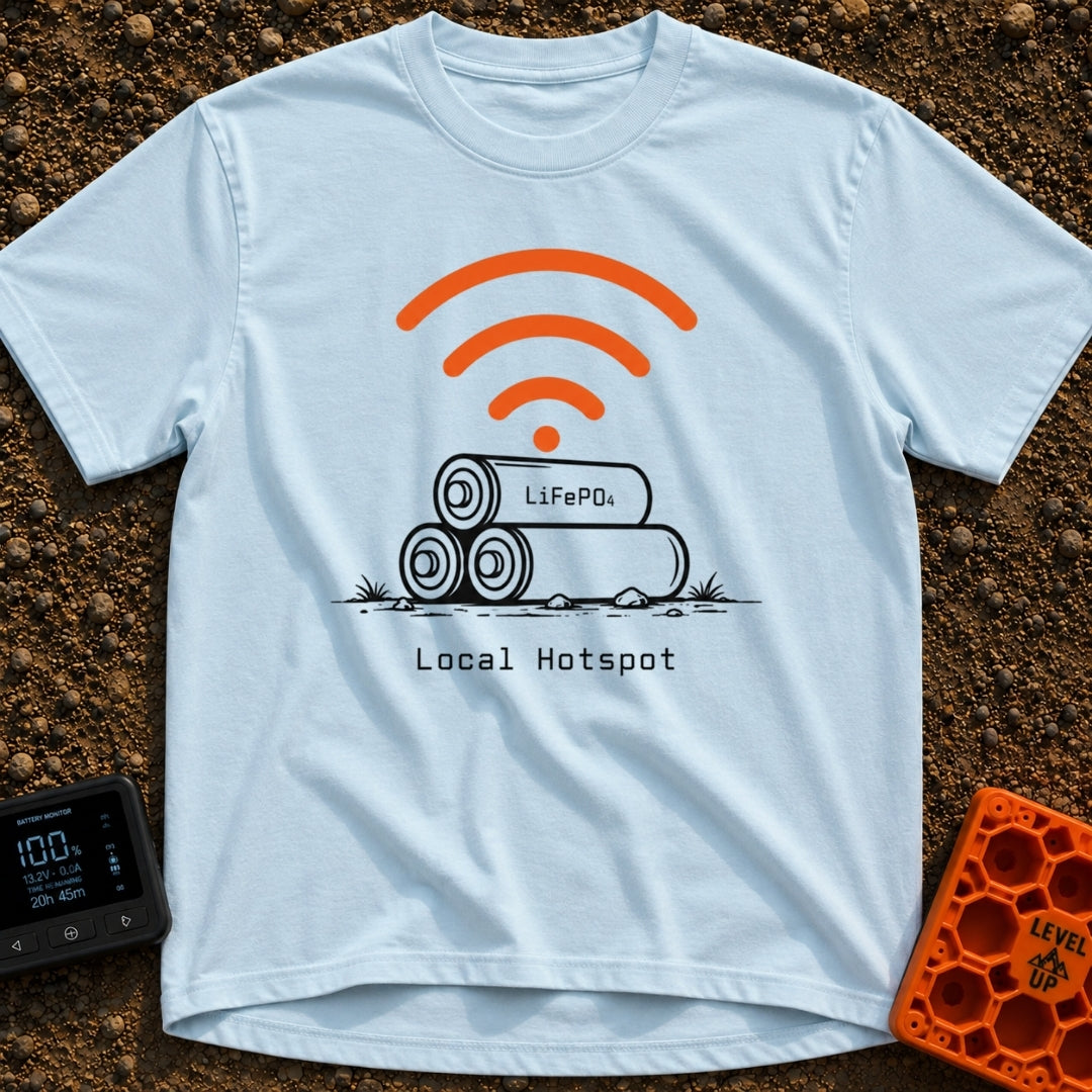 Local Lithium Hotspot - T-Shirt in Chambray - A line drawing of three cylindrical batteries stacked in a pyramid on the...