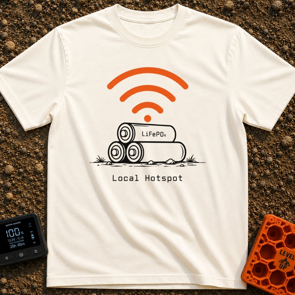 Local Lithium Hotspot - T-Shirt in Ivory - A line drawing of three cylindrical batteries stacked in a pyramid on the...