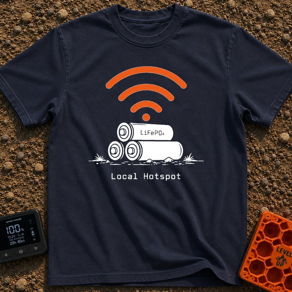 Local Lithium Hotspot - T-Shirt in Navy - A line drawing of three cylindrical batteries stacked in a pyramid on the...