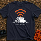 Local Lithium Hotspot - T-Shirt in Navy - A line drawing of three cylindrical batteries stacked in a pyramid on the...