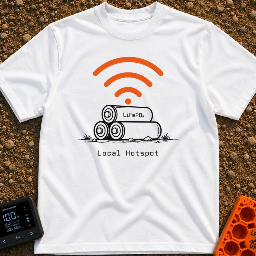 Local Lithium Hotspot - T-Shirt in White - A line drawing of three cylindrical batteries stacked in a pyramid on the...