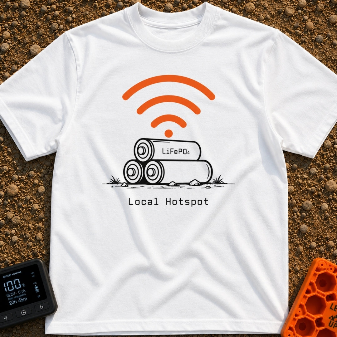 Local Lithium Hotspot - T-Shirt in White - A line drawing of three cylindrical batteries stacked in a pyramid on the...