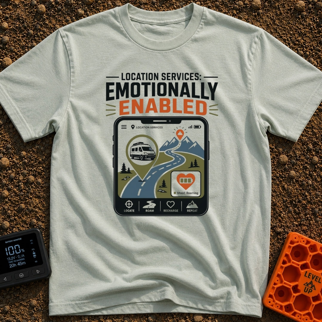 Roaming Heart Enabled - T-Shirt in Bay - A graphic of a smartphone screen displaying a map application with a winding...