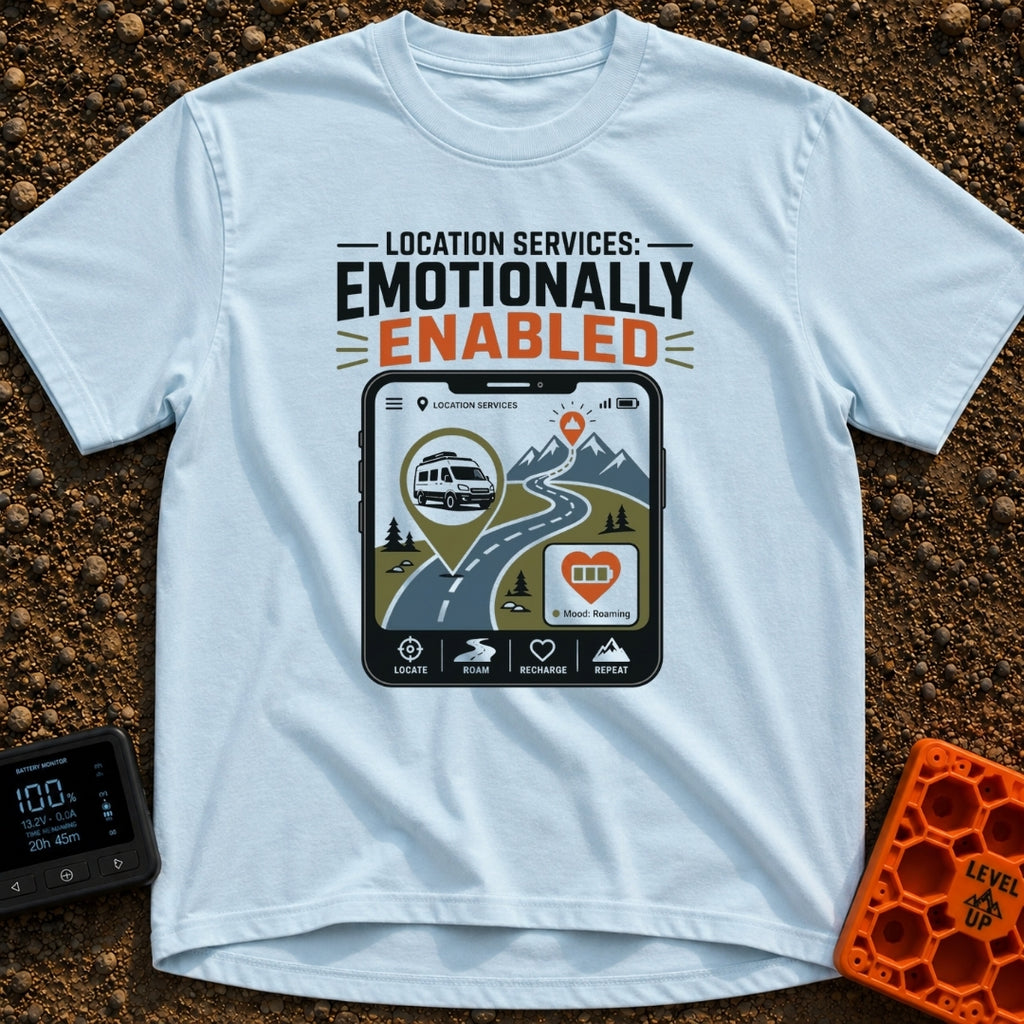 Roaming Heart Enabled - T-Shirt in Chambray - A graphic of a smartphone screen displaying a map application with a...