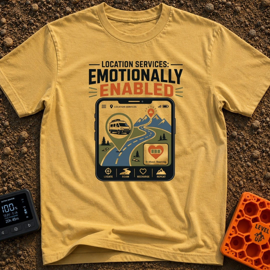 Roaming Heart Enabled - T-Shirt in Mustard - A graphic of a smartphone screen displaying a map application with a winding...