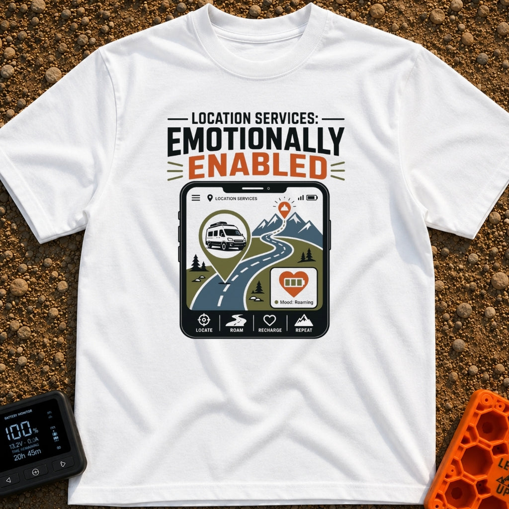 Roaming Heart Enabled - T-Shirt in White - A graphic of a smartphone screen displaying a map application with a winding...