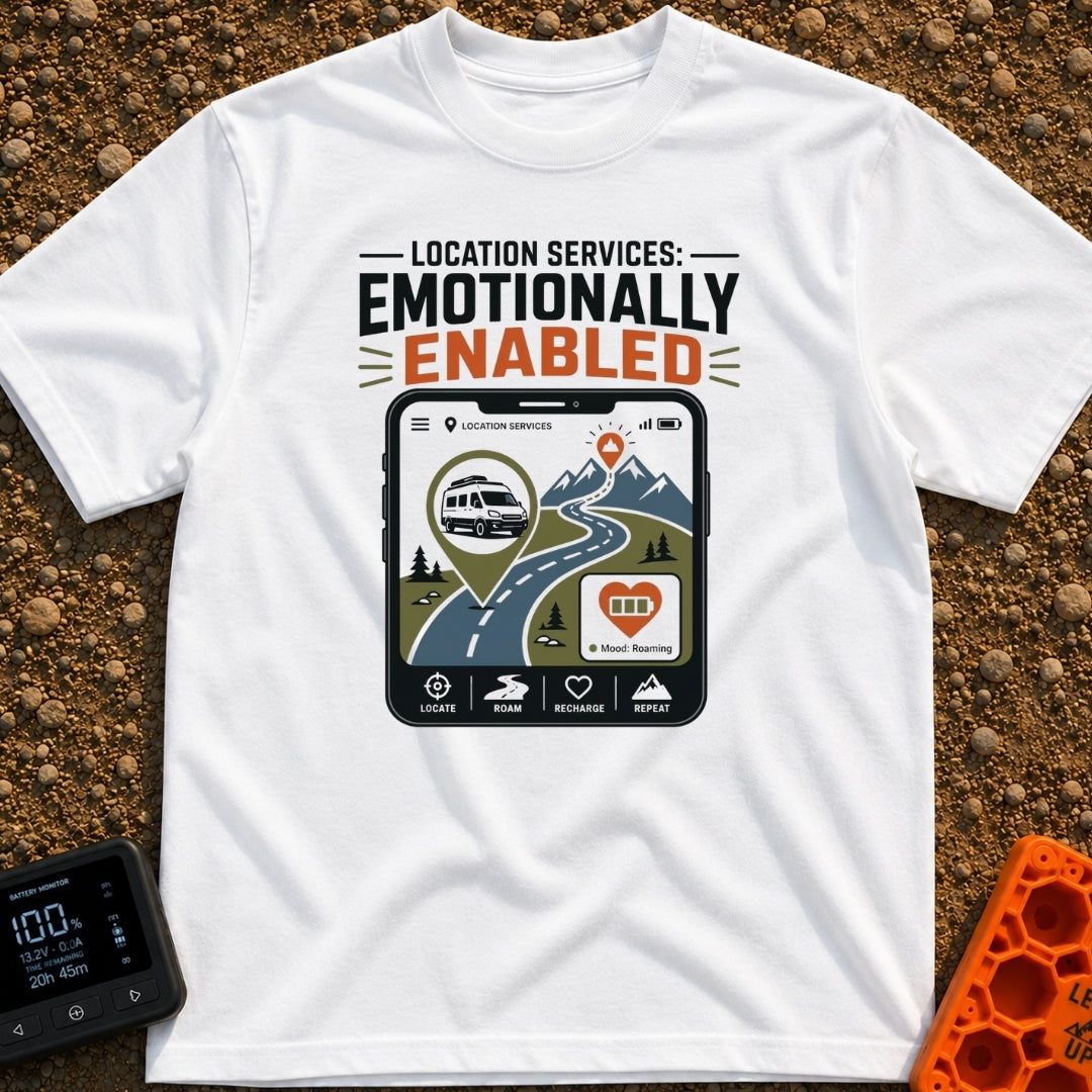 Roaming Heart Enabled - T-Shirt in White - A graphic of a smartphone screen displaying a map application with a winding...
