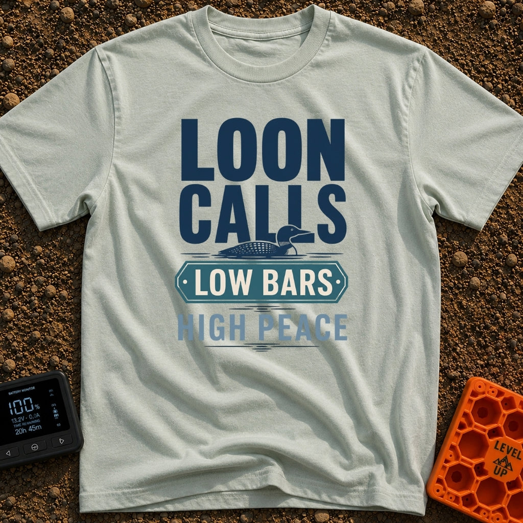 Low Bars High Peace - T-Shirt in Bay - A graphic design featuring an illustration of a loon swimming on water, surrounded...