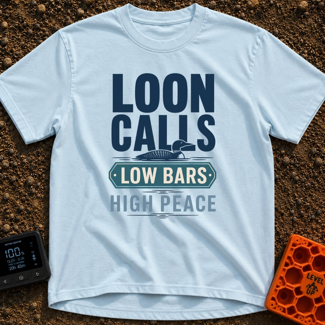 Low Bars High Peace - T-Shirt in Chambray - A graphic design featuring an illustration of a loon swimming on water,...