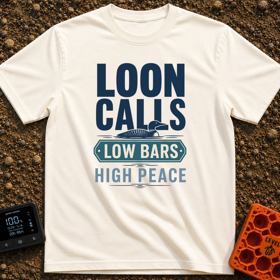 Low Bars High Peace - T-Shirt in Ivory - A graphic design featuring an illustration of a loon swimming on water,...