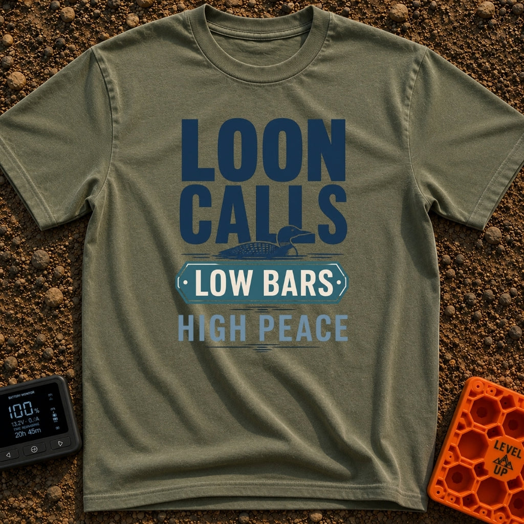 Low Bars High Peace - T-Shirt in Moss - A graphic design featuring an illustration of a loon swimming on water,...
