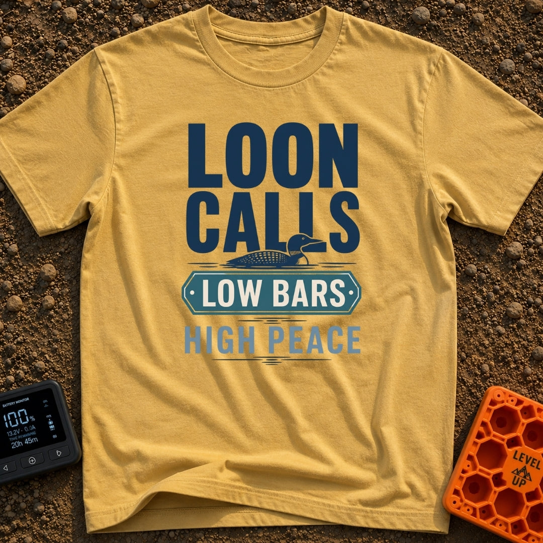 Low Bars High Peace - T-Shirt in Mustard - A graphic design featuring an illustration of a loon swimming on water,...