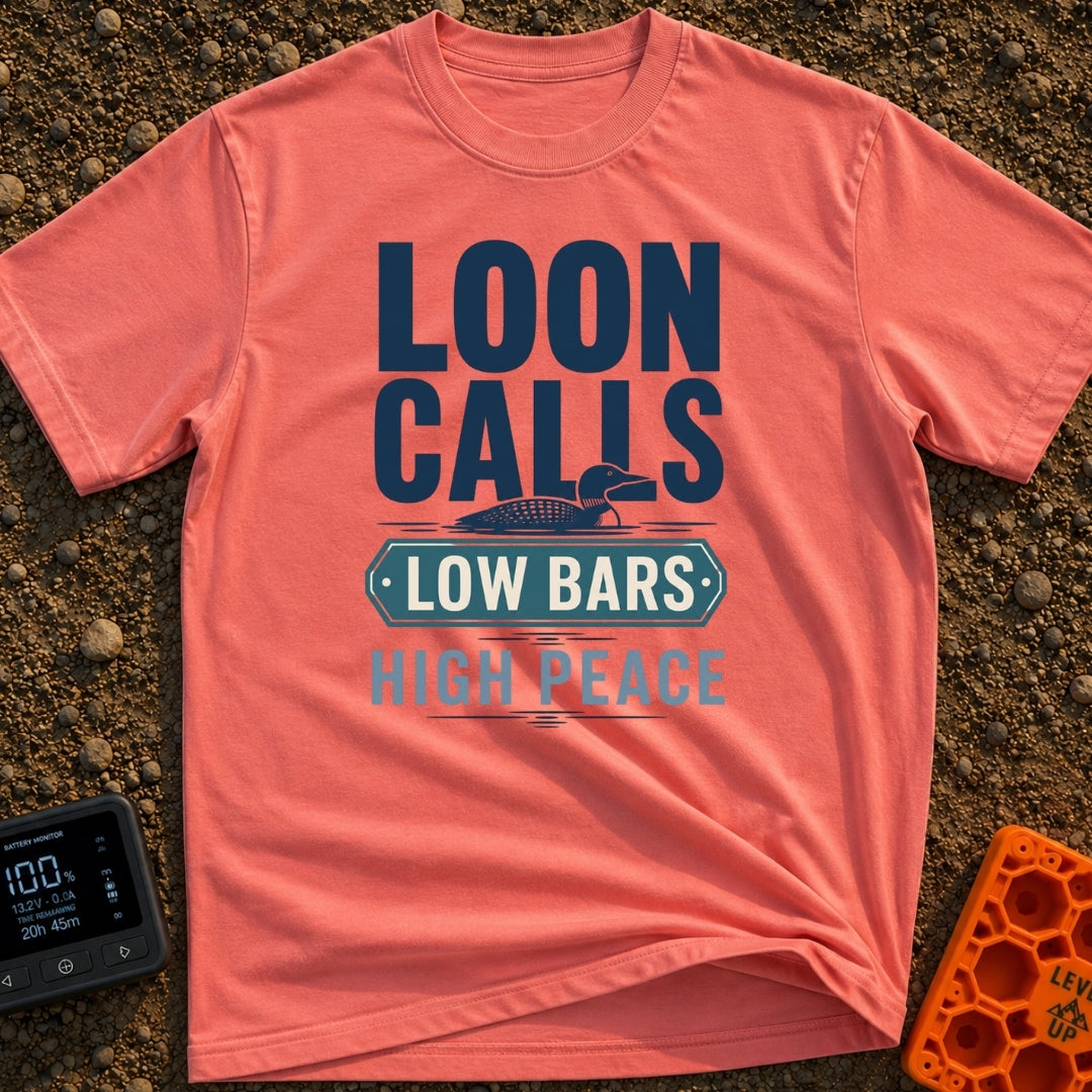 Low Bars High Peace - T-Shirt in Watermelon - A graphic design featuring an illustration of a loon swimming on water,...