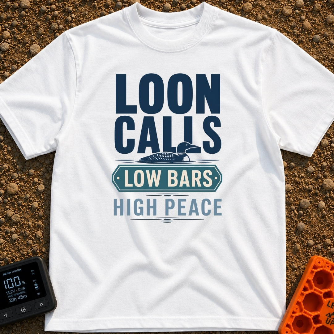 Low Bars High Peace - T-Shirt in White - A graphic design featuring an illustration of a loon swimming on water,...