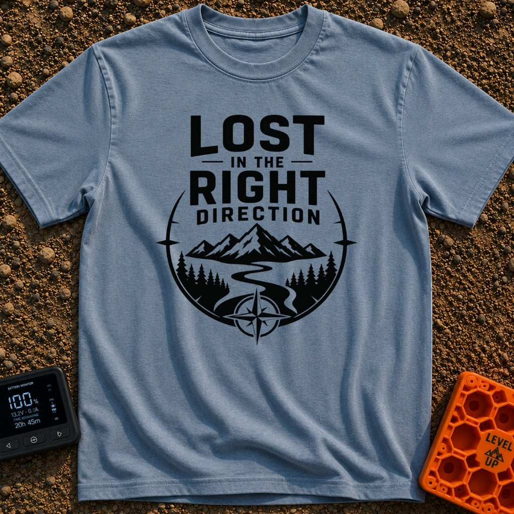 Lost The Right Way - T-Shirt in Blue Jean - A black and white graphic showing a winding river flowing toward snow-capped...