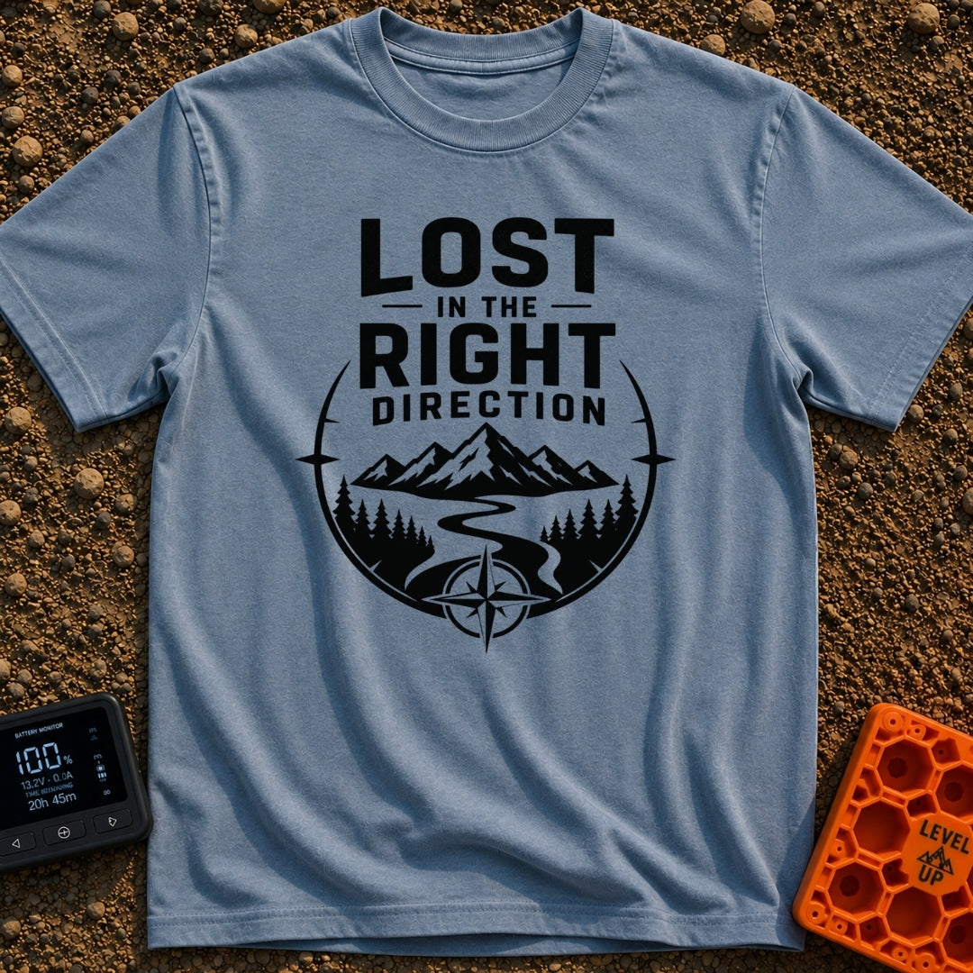 Lost The Right Way - T-Shirt in Blue Jean - A black and white graphic showing a winding river flowing toward snow-capped...