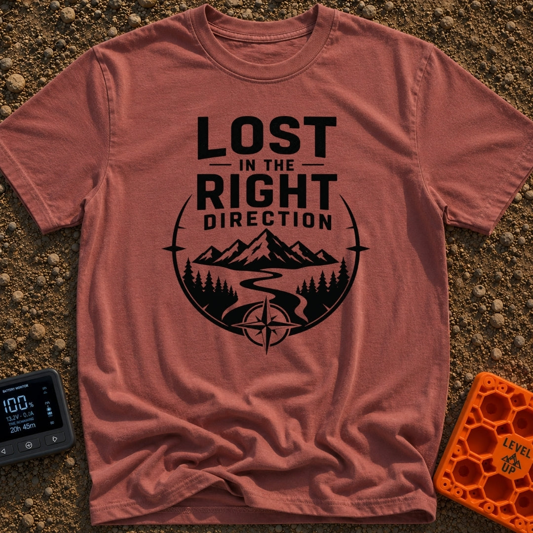 Lost The Right Way - T-Shirt in Brick - A black and white graphic showing a winding river flowing toward snow-capped...