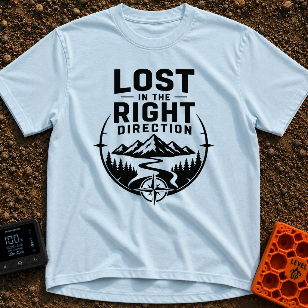 Lost The Right Way - T-Shirt in Chambray - A black and white graphic showing a winding river flowing toward snow-capped...