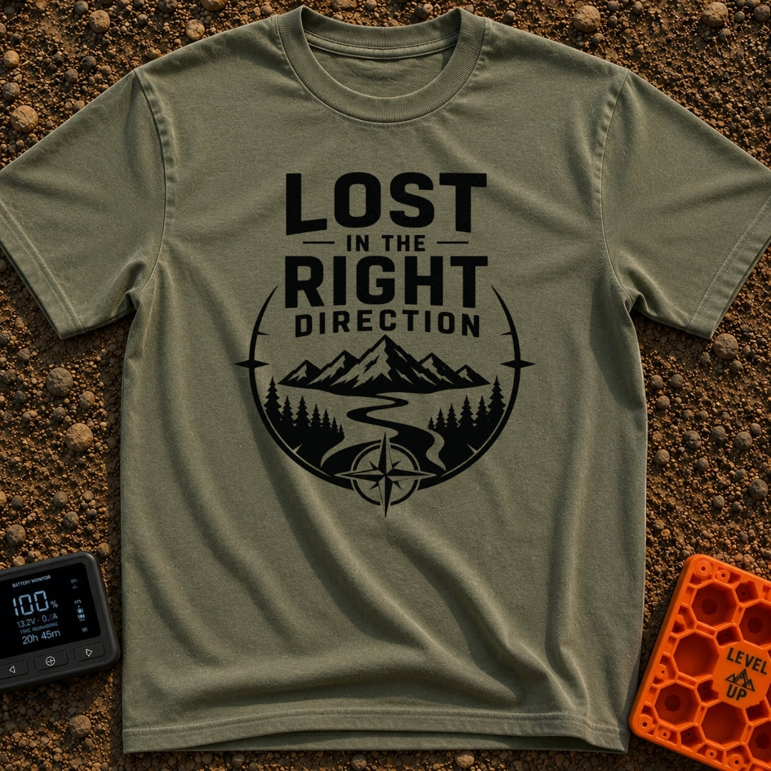 Lost The Right Way - T-Shirt in Moss - A black and white graphic showing a winding river flowing toward snow-capped...