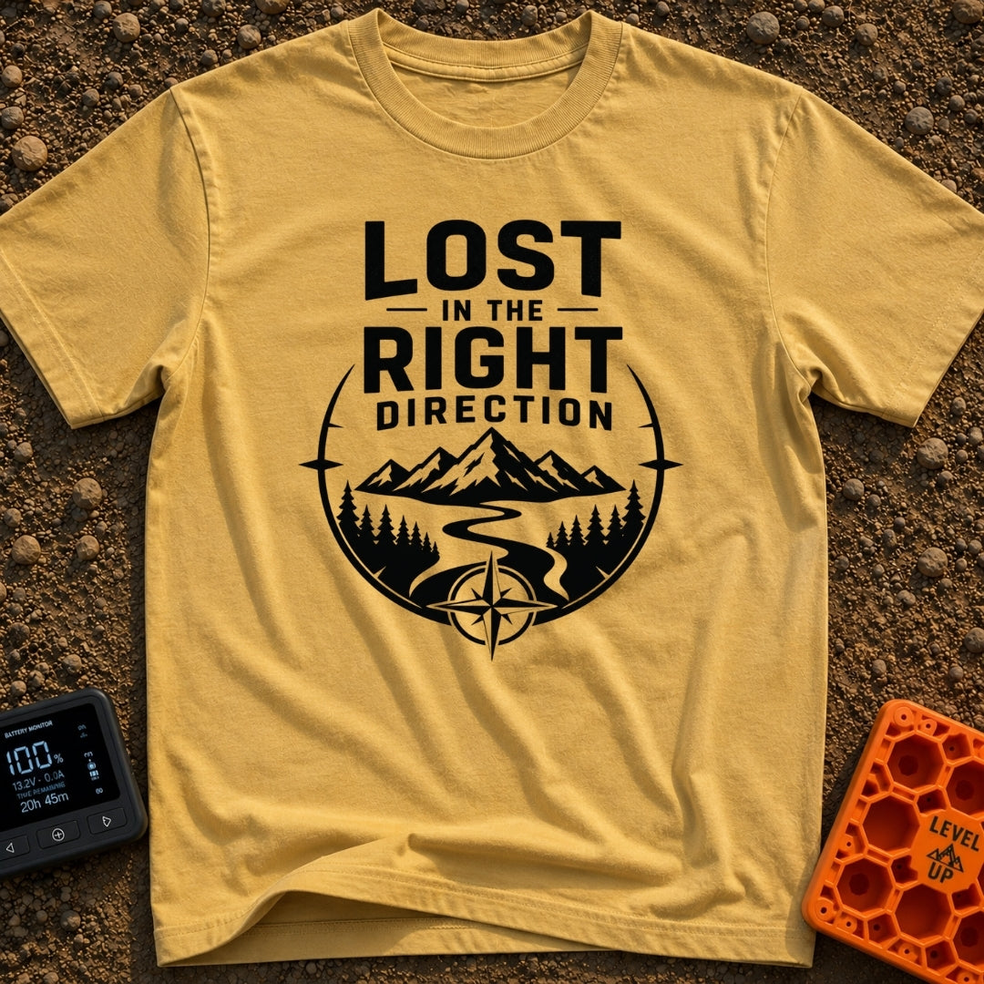 Lost The Right Way - T-Shirt in Mustard - A black and white graphic showing a winding river flowing toward snow-capped...