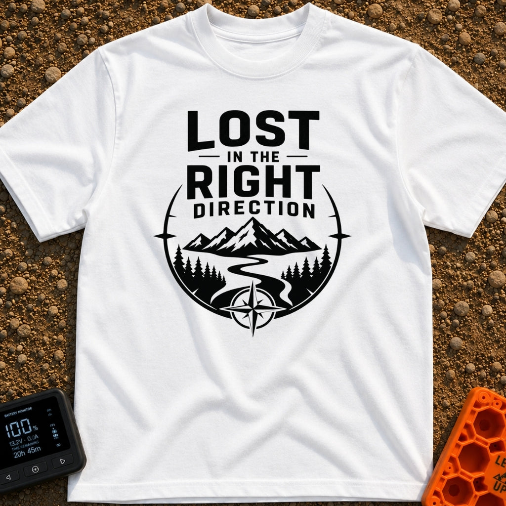 Lost The Right Way - T-Shirt in White - A black and white graphic showing a winding river flowing toward snow-capped...
