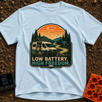 Dead Phone Live Free - T-Shirt in Chambray - An illustration of a camper van parked on a winding dirt mountain road with...