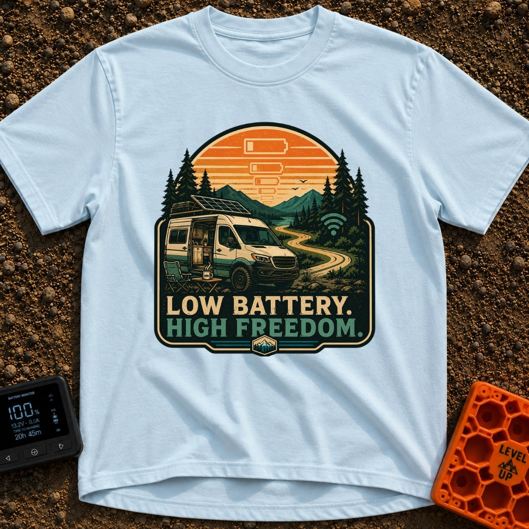 Dead Phone Live Free - T-Shirt in Chambray - An illustration of a camper van parked on a winding dirt mountain road with...