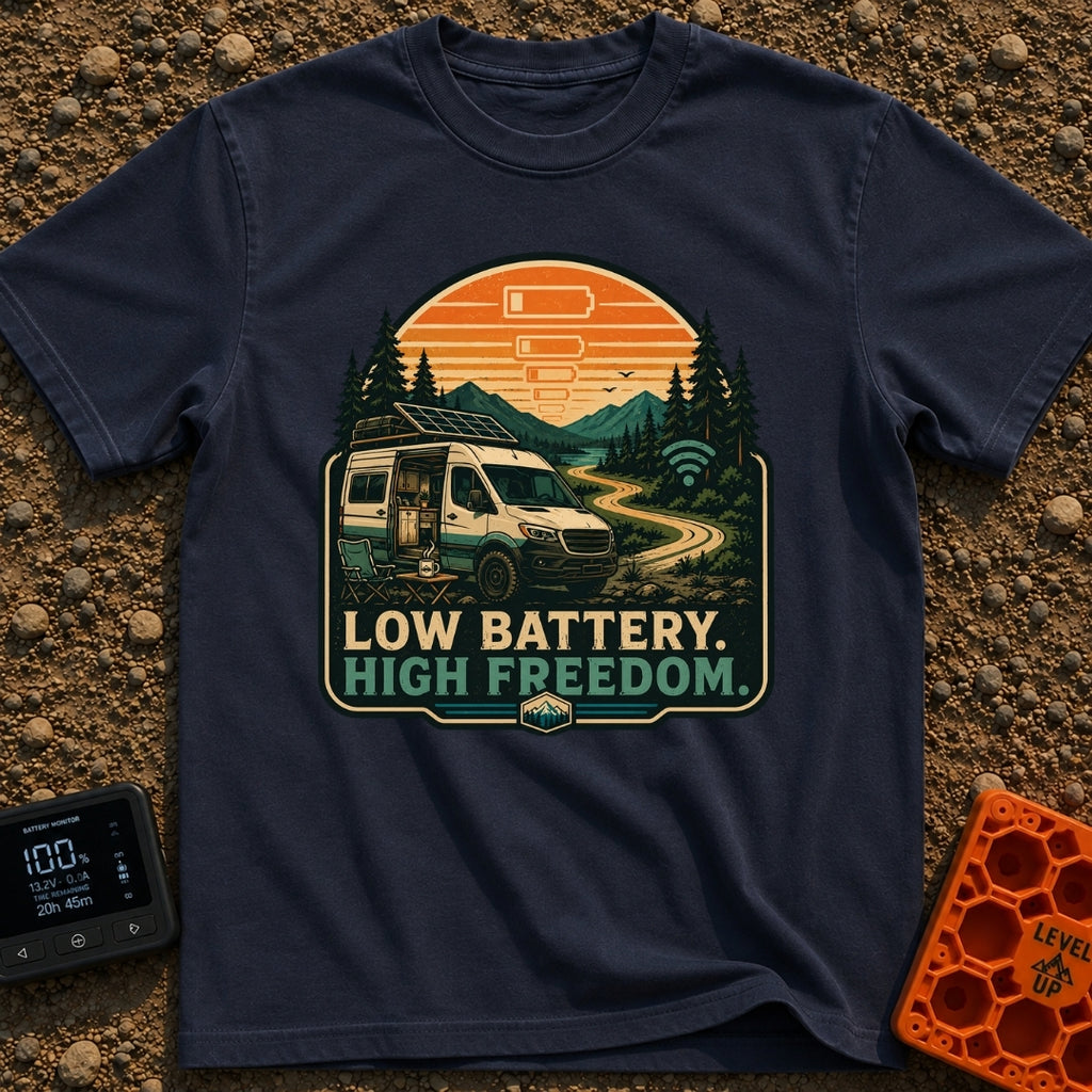 Dead Phone Live Free - T-Shirt in Navy - An illustration of a camper van parked on a winding dirt mountain road with its...