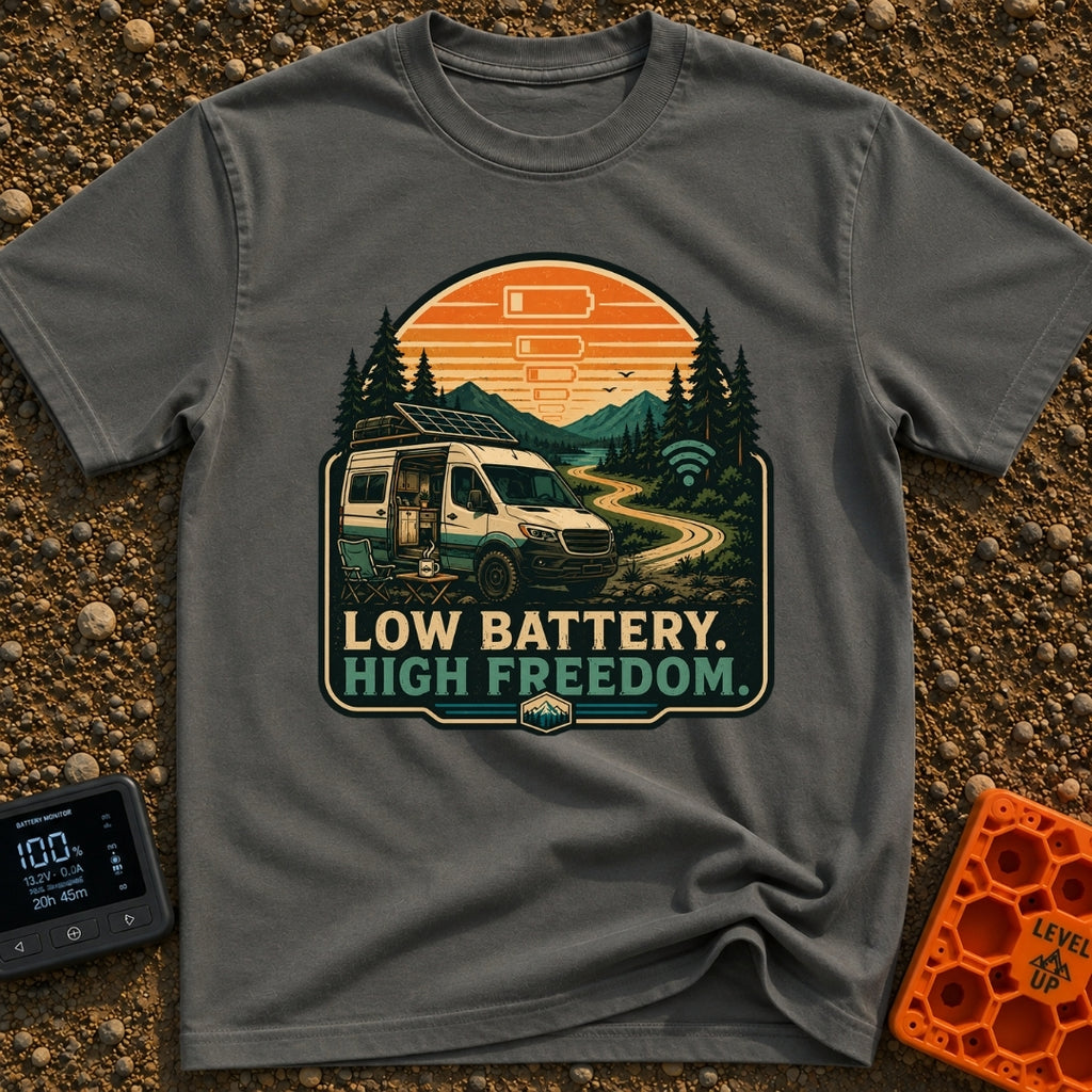 Dead Phone Live Free - T-Shirt in Pepper - An illustration of a camper van parked on a winding dirt mountain road with...