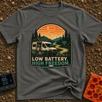 Dead Phone Live Free - T-Shirt in Pepper - An illustration of a camper van parked on a winding dirt mountain road with...