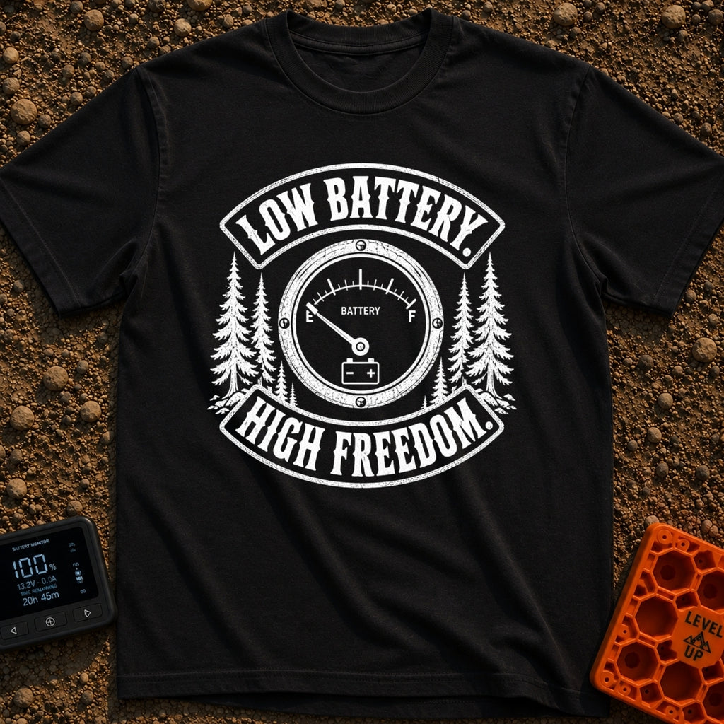 Unplugged And Free - T-Shirt in Black - A distressed black-and-white illustration of an analog battery gauge with its...