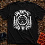 Unplugged And Free - T-Shirt in Black - A distressed black-and-white illustration of an analog battery gauge with its...