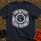 Unplugged And Free - T-Shirt in Navy - A distressed black-and-white illustration of an analog battery gauge with its...