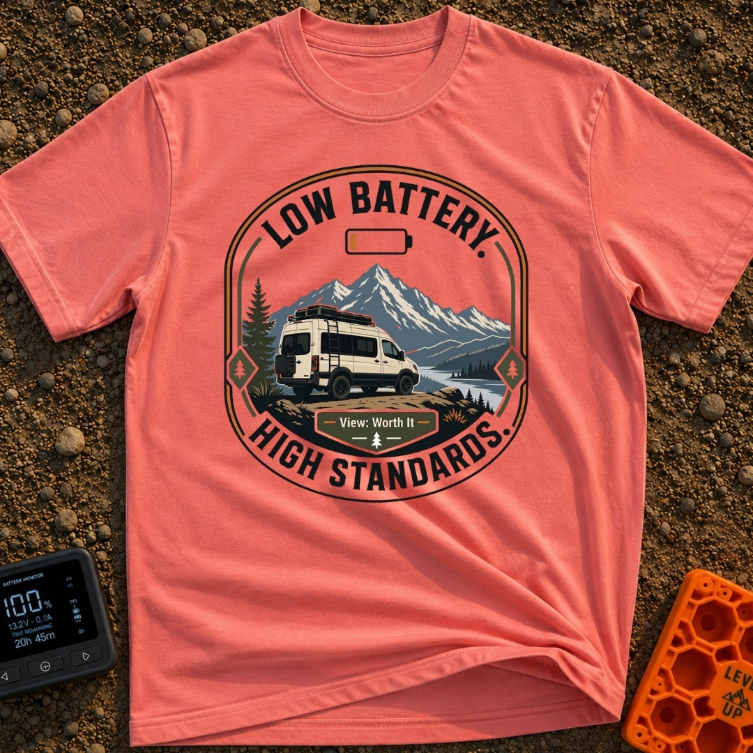 Low Battery High Standards - T-Shirt in Watermelon - A badge-style graphic featuring a white camper van parked on a dirt...