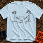 Low Power Mode - T-Shirt in Chambray - A black-and-white line illustration of a hammock strung between two pine trees in...