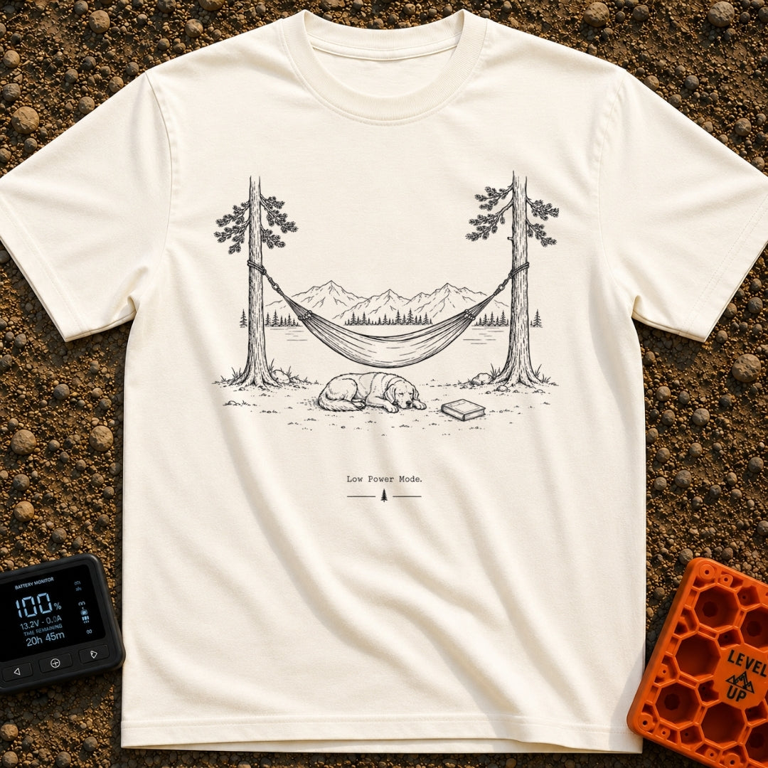 Low Power Mode - T-Shirt in Ivory - A black-and-white line illustration of a hammock strung between two pine trees in...