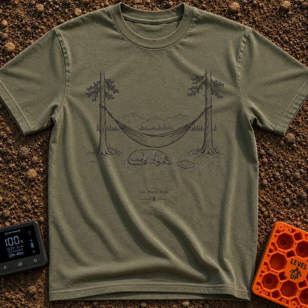 Low Power Mode - T-Shirt in Moss - A black-and-white line illustration of a hammock strung between two pine trees in...