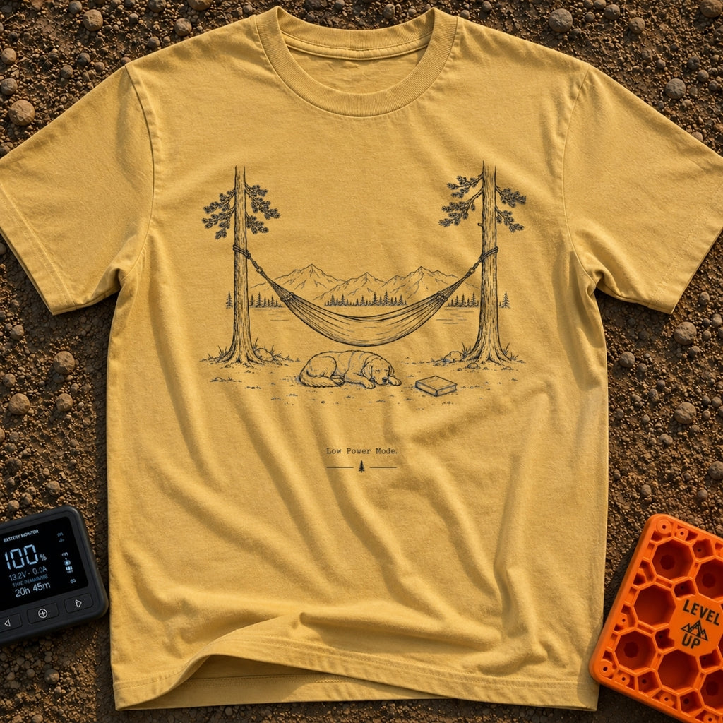 Low Power Mode - T-Shirt in Mustard - A black-and-white line illustration of a hammock strung between two pine trees in...