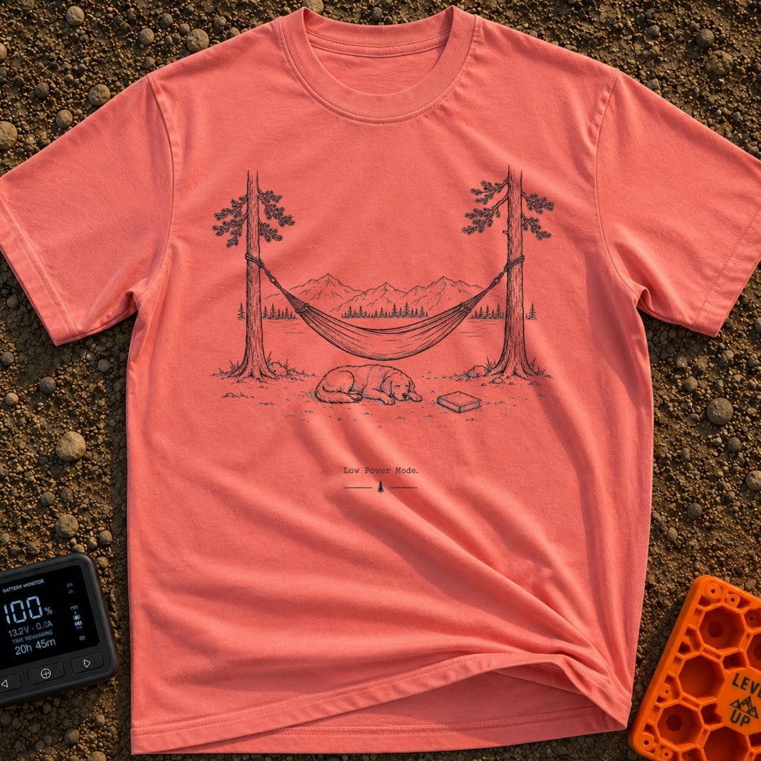 Low Power Mode - T-Shirt in Watermelon - A black-and-white line illustration of a hammock strung between two pine trees...