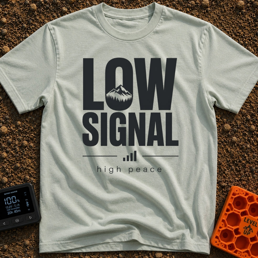 No Signal No Problem - T-Shirt in Bay - The design features the words "LOW SIGNAL" in large, bold typography, with a...