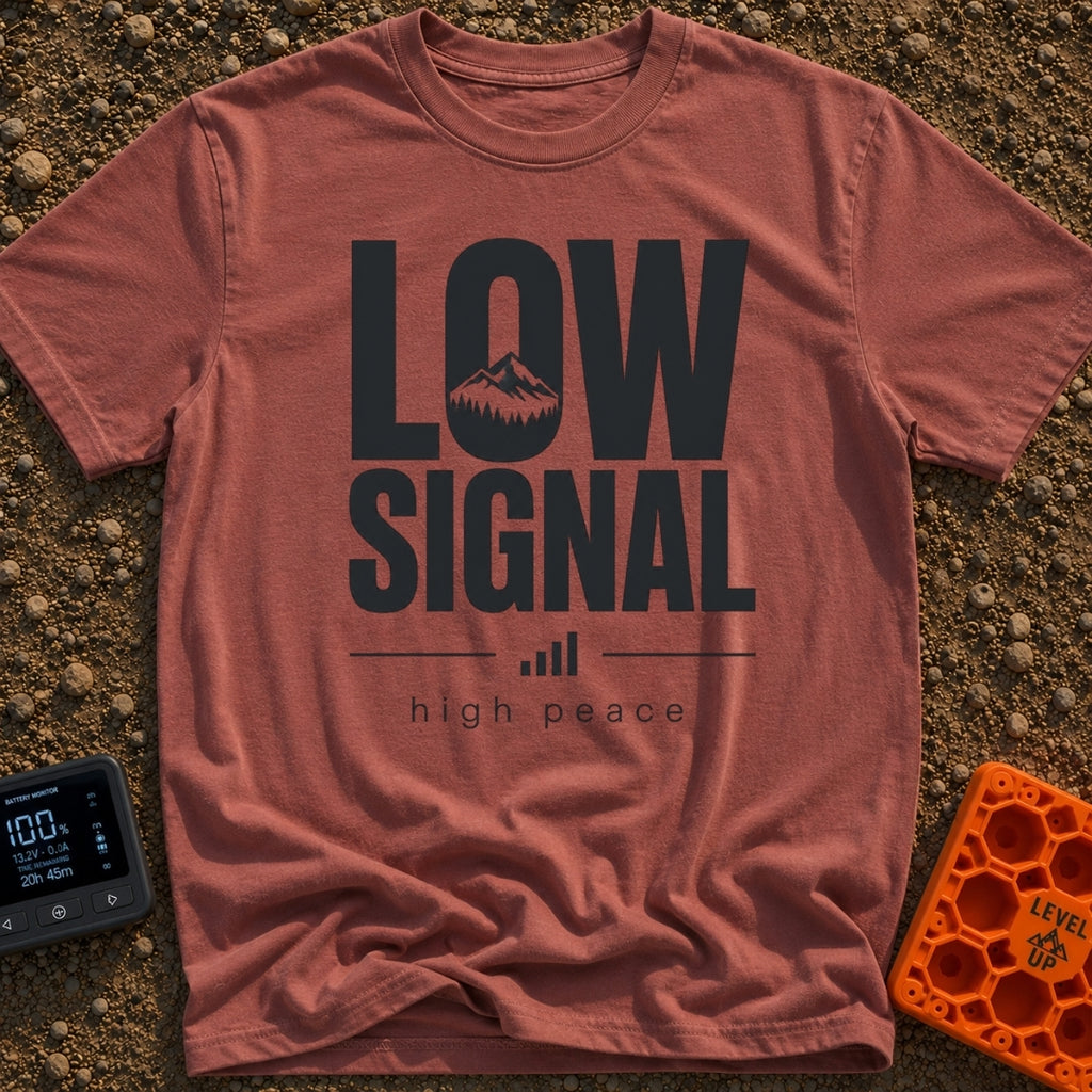No Signal No Problem - T-Shirt in Brick - The design features the words "LOW SIGNAL" in large, bold typography, with a...