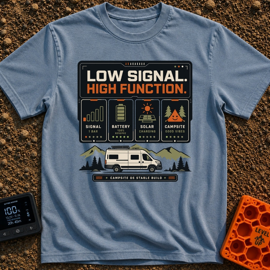 Low Signal High Function - T-Shirt in Blue Jean - A graphic resembling a digital dashboard with text reading "LOW SIGNAL....