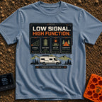 Low Signal High Function - T-Shirt in Blue Jean - A graphic resembling a digital dashboard with text reading "LOW SIGNAL....