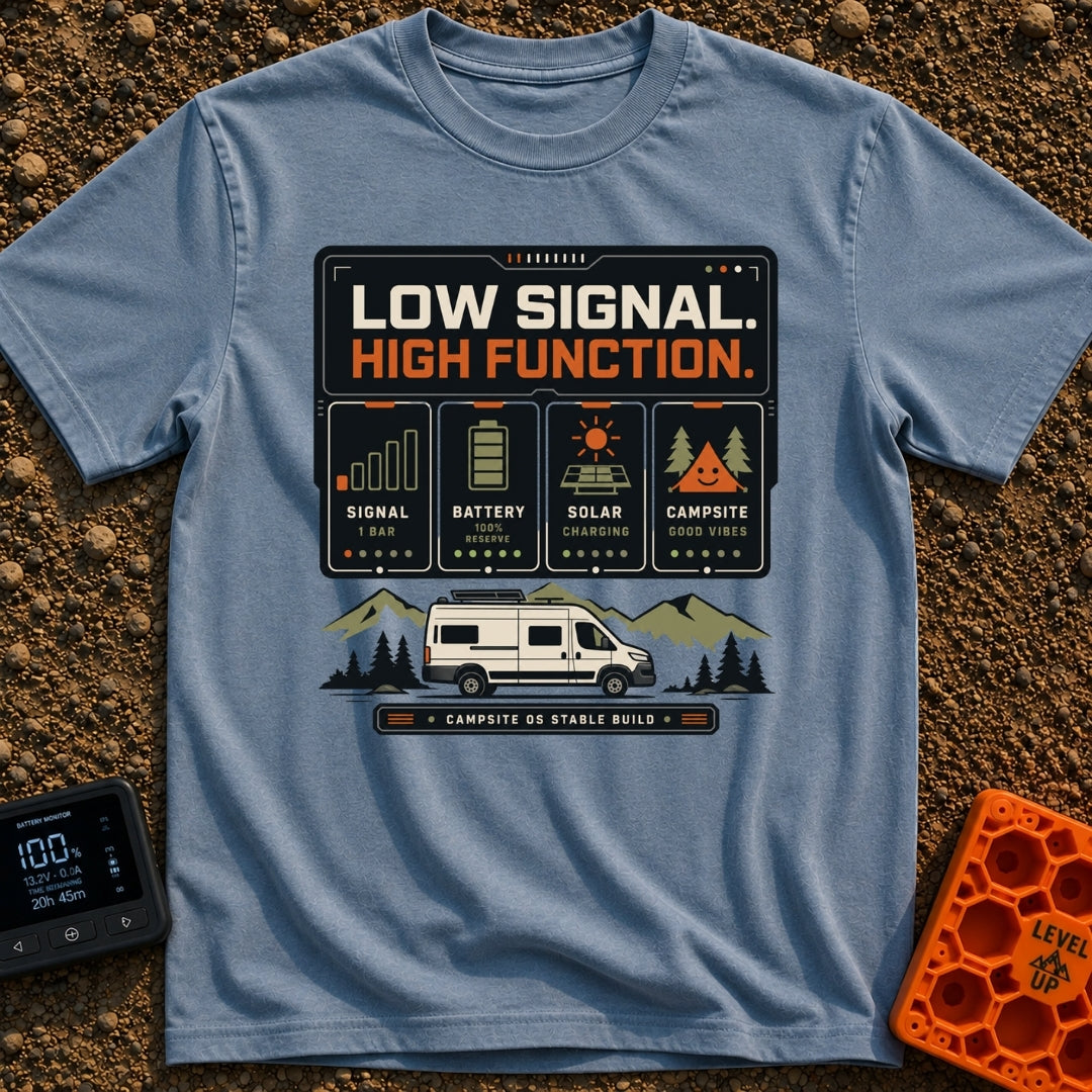 Low Signal High Function - T-Shirt in Blue Jean - A graphic resembling a digital dashboard with text reading "LOW SIGNAL....