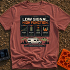 Low Signal High Function - T-Shirt in Brick - A graphic resembling a digital dashboard with text reading "LOW SIGNAL....