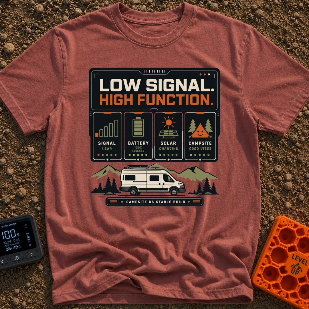 Low Signal High Function - T-Shirt in Brick - A graphic resembling a digital dashboard with text reading "LOW SIGNAL....